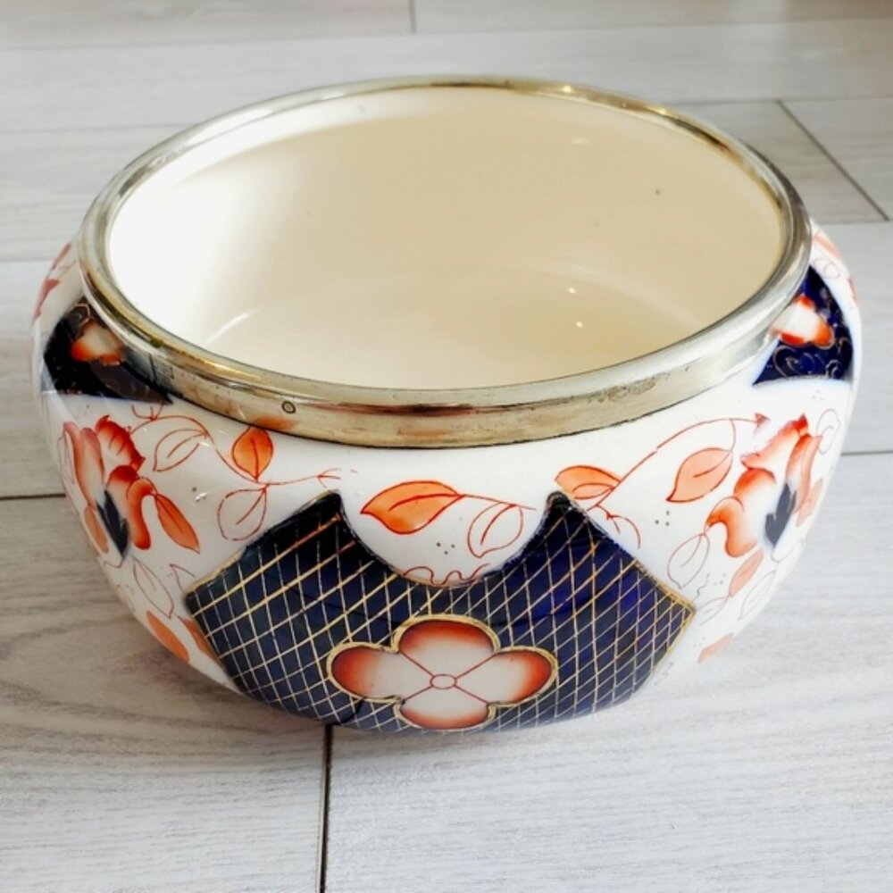 Antique Imari Silver Plated Porcelain Shabby Salad Bowl by HRS & Co England